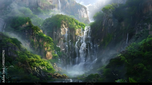 A majestic waterfall cascading down rugged cliffs surrounded by lush greenery and mist rising from the plunge pool below