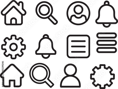 Collection of twelve black line including house search user bell gear and menu symbols on white background