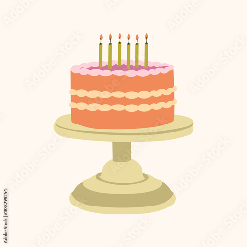 Birthday Cake with Candles on Cake Stand Minimal Flat Illustration