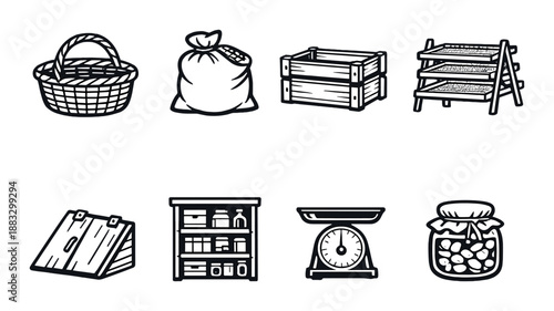 Rustic market icons: baskets, crates, scales, and jars