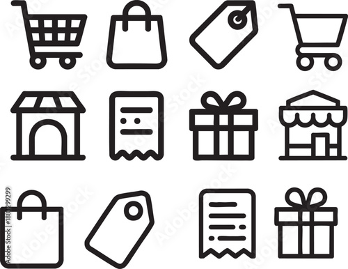 Collection of twelve black line shopping including carts bags tags stores receipts and gifts
