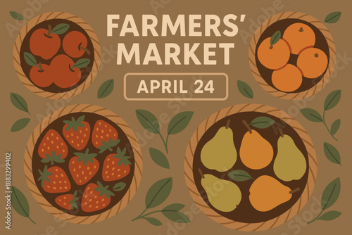 Farmers' market illustration showcasing baskets of apples, oranges, strawberries, and pears copy space