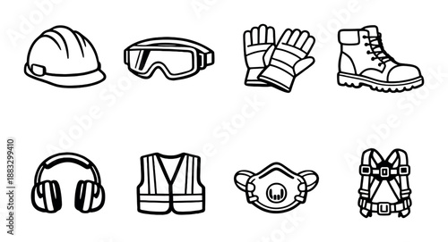 Essential safety equipment icons: helmet, goggles, gloves, boots, ear protection, vest, mask, harness
