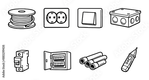 Electrical components: cables, sockets, switches, junction box, circuit breaker, distribution board, conduits, voltage tester