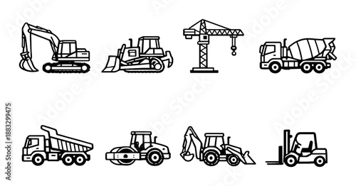 Construction vehicles and equipment icons on gradient background