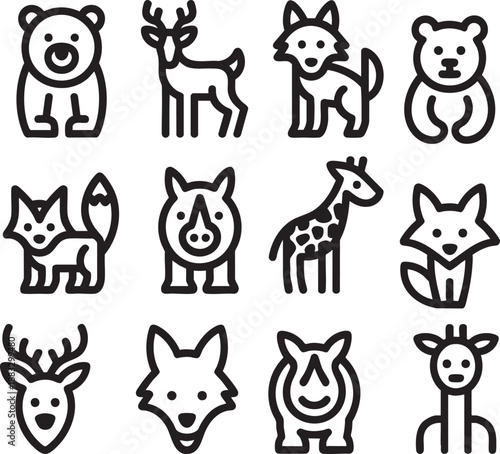 Collection of twelve minimalist black and white animal including bears deer foxes giraffes and rhinos