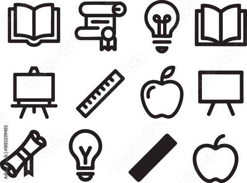 Collection of twelve minimalist black line representing education and learning book open scroll