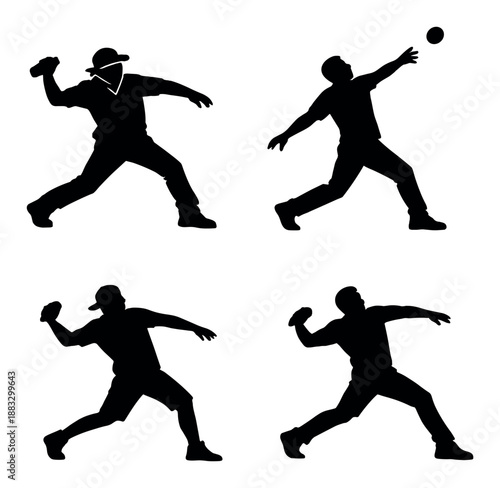 Silhouettes of diverse baseball players in dynamic poses
