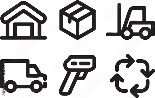 Set of six black outline representing warehouse delivery and logistics package forklift truck