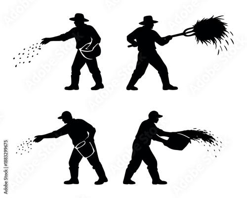 Silhouettes of farmers planting and harvesting crops against dark background