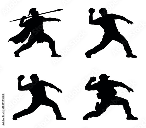 Silhouettes of individuals throwing objects in dynamic poses