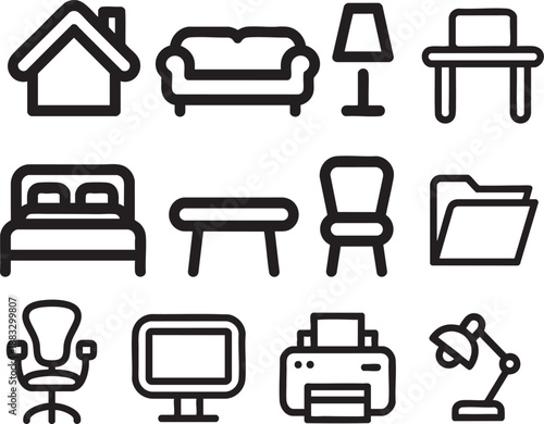 A collection of black outline representing home and office furniture and equipment house building