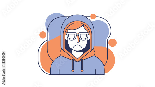 Illustration of a person wearing a hoodie and glasses, looking serious and focused.