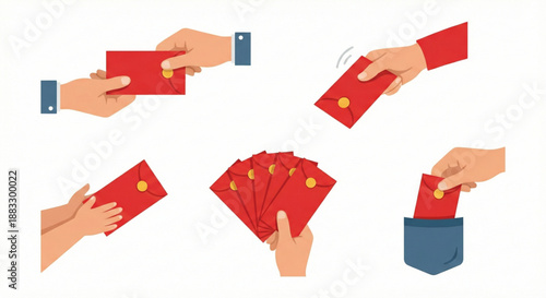 Hands exchanging traditional red money envelopes for festive celebrations and special occasions
