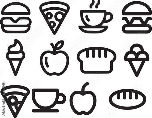 A grid of twelve black and white food and drink including burgers pizza coffee ice cream apples and bread