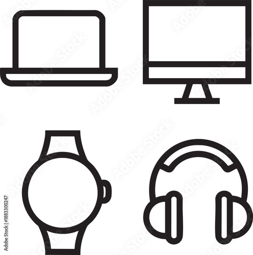 Black outline of laptop computer desktop monitor smartwatch and headphones on white background