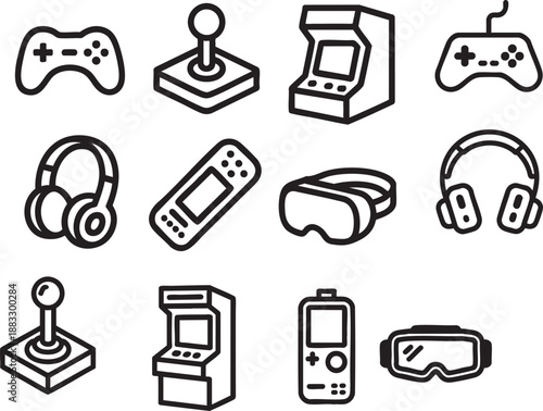 Collection of black and white line representing game controllers joysticks arcade machines headphones and virtual reality headsets