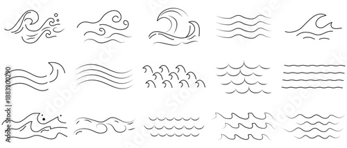 wave icons set .Out line icon of Water waves, ocean wave and splashes nautical storm black tattoo symbols. Water tribal tidal streams with breeze swirls. Vector illustration.
