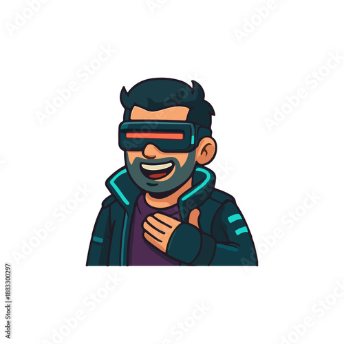 Cyberpunk character laughing. Futuristic man smiling. Sci-fi hero cheerful pose