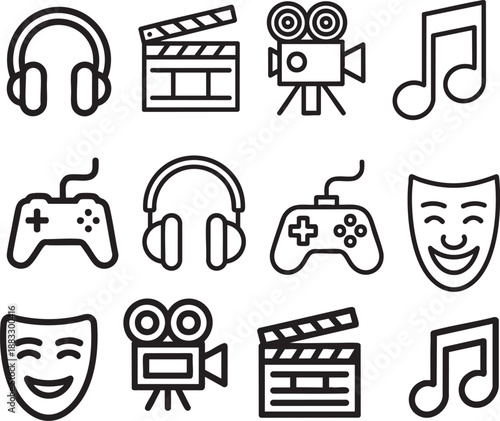 Collection of black line representing entertainment and media headphones clapperboard camera music