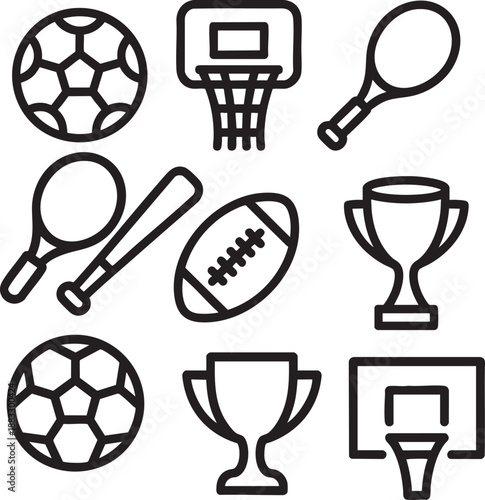 Collection of black line sports including soccer ball basketball hoop tennis racket baseball bat football and trophy