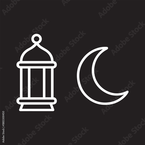 Crescent Moon and Lantern Outline Icons for Ramadan Themes