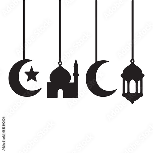 Islamic Hanging Icons with Mosque, Crescent, and Lantern Silhouettes