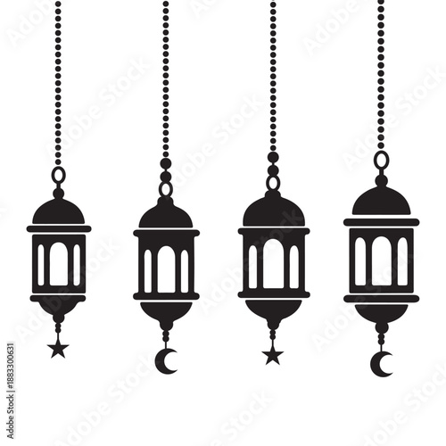 Hanging Lantern Silhouettes with Crescent and Star Decorations