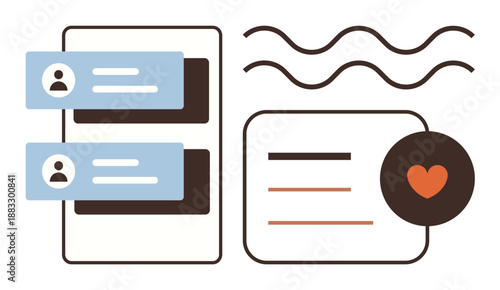 Social media, online messaging, communication design, interface layout, networking, connection. Chat boxes and heart icon with abstract lines. Social media and online messaging concepts