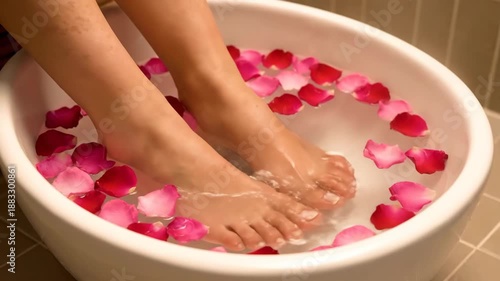 Womans Feet Soaking in Rose Petal Bath.