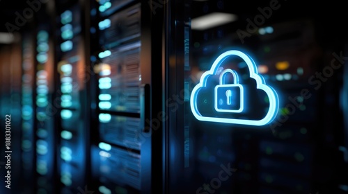 Secure cloud data center with encrypted server racks and glowing lock icon, ideal for IT security concepts, enterprise infrastructure visuals, and cloud computing technology use cases