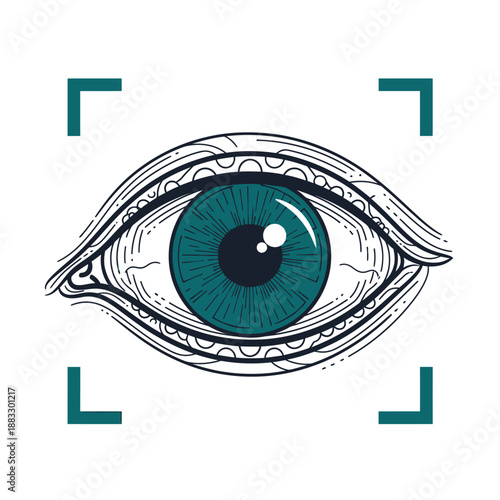 Intricate eye illustration with focus on iris and surrounding details, capturing attention.