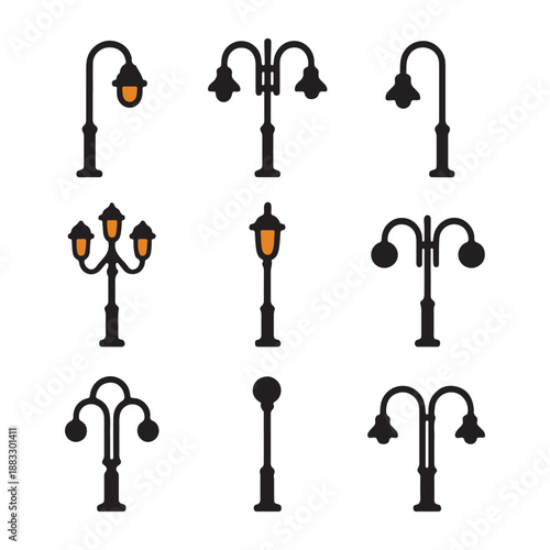 Stylized Street Lamp Vector Icon Set in Grid Layout