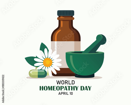 World Homeopathy Day poster vector illustration. Brown glass vial, plants, laboratory mortar and pestle icon vector. Alternative medicine symbol. April 10 every year. Important day