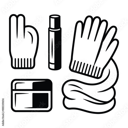 Winter skincare and protection supplies in a flat lay composition includes lotion, cream, scarf, gloves, and lip balm isolated on white background