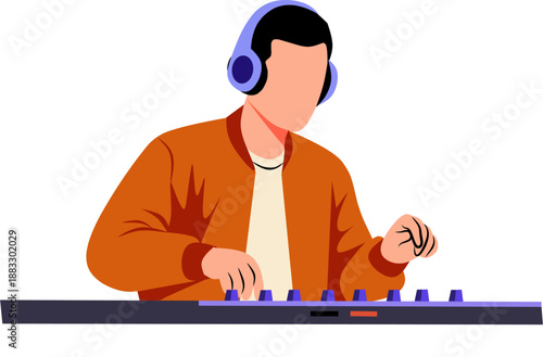 A flat style illustration of a DJ character with headphones mixing music on a soundboard console. The artwork showcases a modern and minimalist design suitable for music, entertainment, and technology