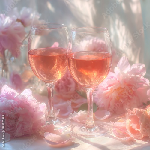 Rose Colored Glasses Amongst Peonies: Delicate Floral Arrangement with Rosé Drinks, Pastel Colored Aesthetic, and Soft Sunlight