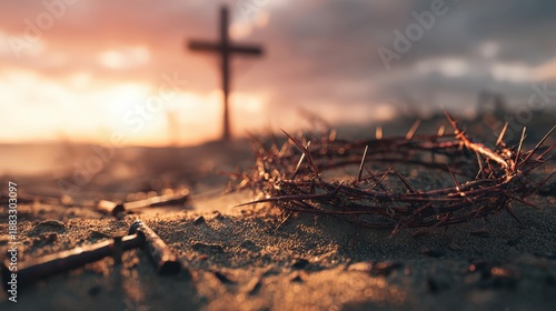A dramatic tableau unfolds under a darkening sky, as a crown of thorns and nails lie on a sandy ground with a cross. ..Created with Generative AI, not depicting real subjects.