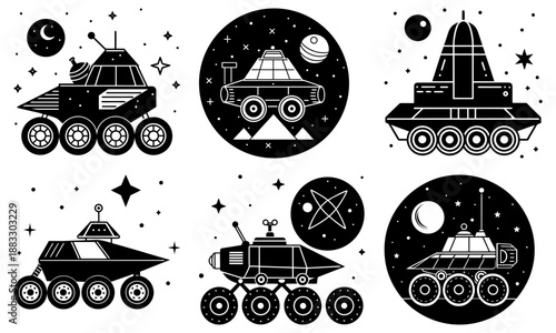 Five futuristic lunar rover vehicles on a white background with stars and planets space vehicle black and white