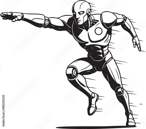 Fast-moving futuristic robot with an athletic design in a dynamic action pose
