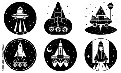 Collection of six space-themed vehicle with stars and moon on white background rocket spaceship
