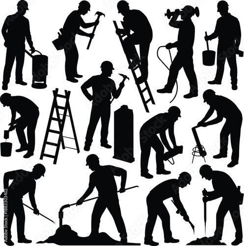 Set of Professional Construction Worker Silhouettes Performing Various Industrial Tasks with Tools, Ladders, and Equipment for Building and Engineering Projects (21 words)
