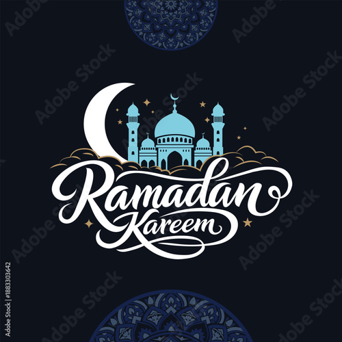 Ramadan Kareem handwritten Islamic calligraphy and typography lettering on dark background for greeting card, poster, banner, and social media template with elegant festive style.