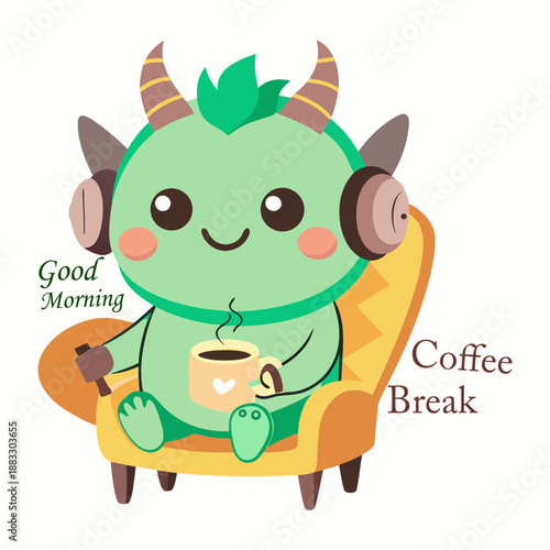 Vector art illustration of kawaii mascot drinking coffee