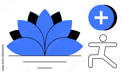 Wellness concept. Wellness ed by a blue lotus, a yoga pose, and a medical cross health and balance. Wellness for mindfulness, self-care, fitness, meditation, and healthcare