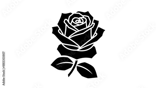 A stylized black rose silhouette on white. Petals, stem, and leaves create a graphic floral image