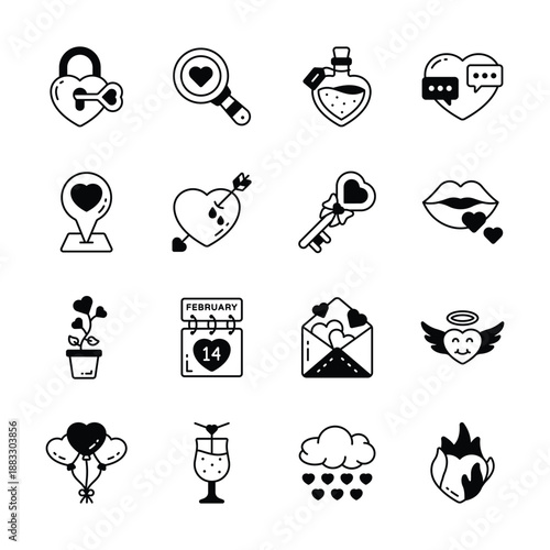 Grab this amazing glyph set of love and romance in trendy style