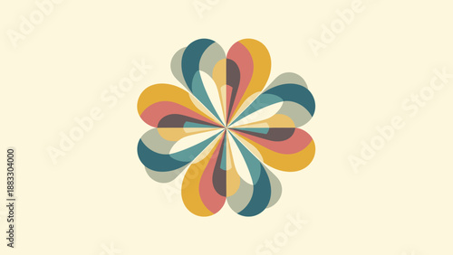 A retro-style, symmetrical floral design with overlapping teardrop-shaped petals