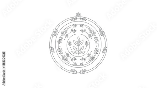 A delicate floral design of nested circles, adorned with leaves and a central plant
