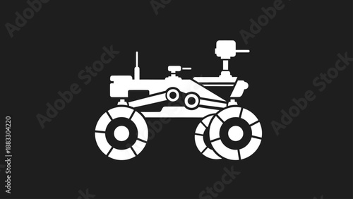White simplified rover on black background. Stylized illustration of a space exploration vehicle